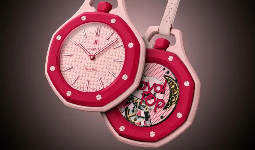 Audemars Piguet x Swatch Royal Pop Otto Rosso pocket watch featuring a pink bioceramic frame, red octagonal bezel, and pink Petite Tapisserie dial.