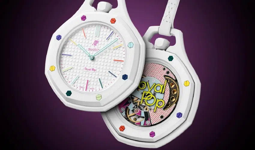 Audemars Piguet x Swatch Royal Pop Huit Blanc pocket watch showing a white bioceramic case, white dial, and multi-colored hour indices.