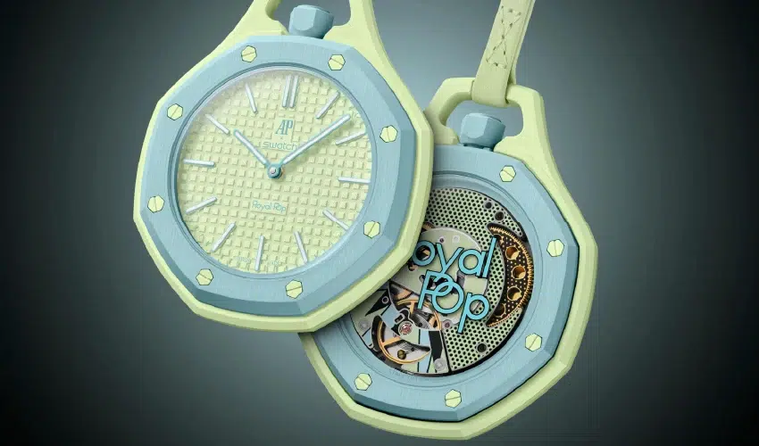 Audemars Piguet x Swatch Royal Pop Otg Roz pocket watch featuring a mint green bioceramic frame, light blue octagonal bezel, and pale yellow Petite Tapisserie dial.