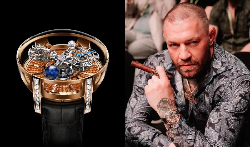 Conor McGregor smoking a cigar while wearing the $1 million Jacob and Co Astronomia Tourbillon Baguette watch.