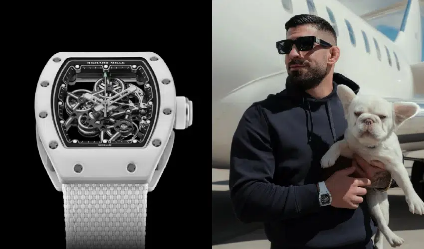 UFC featherweight champion Ilia Topuria holding a dog and wearing the Richard Mille RM 55-01 White TPT.