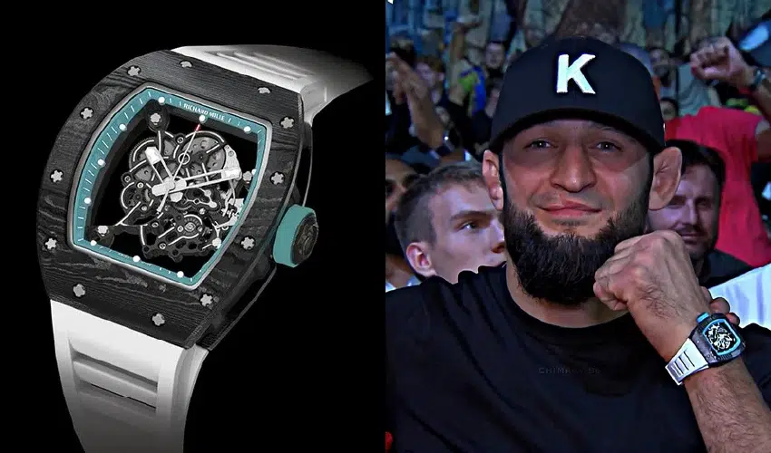 UFC star Khamzat Chimaev wearing the $650,000 Richard Mille RM 055 Yas Marina Circuit carbon watch.