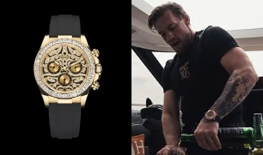 Conor McGregor pouring a drink on a yacht wearing the $460,000 Rolex Daytona Eye of the Tiger gold watch.