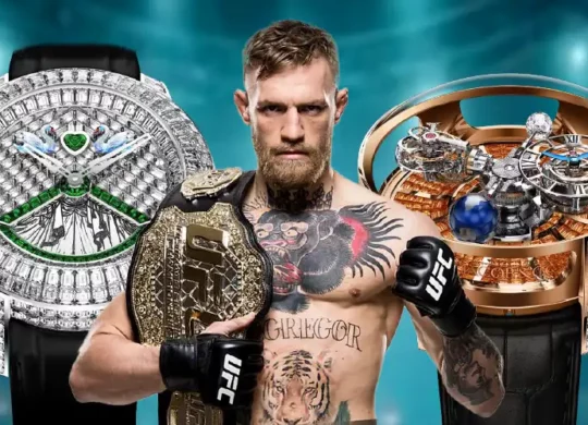 Conor McGregor holding a UFC belt surrounded by the most expensive watches owned by UFC stars.