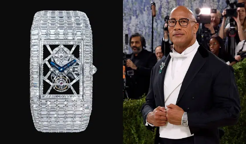 Dwayne The Rock Johnson wearing a diamond Jacob & Co Billionaire III watch.