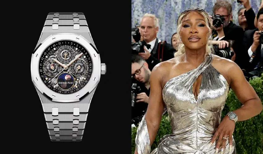 Serena Williams wearing a titanium Audemars Piguet Royal Oak Perpetual Calendar watch.