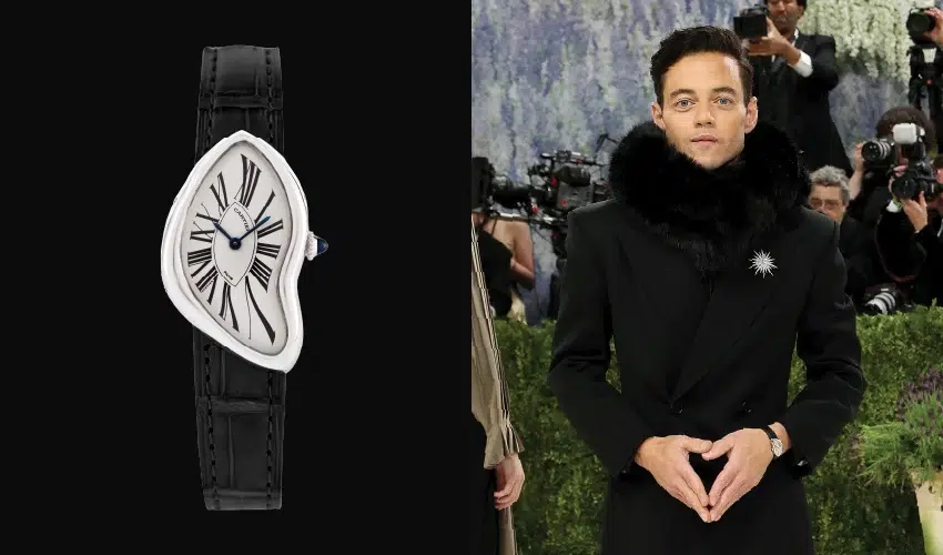 Rami Malek wearing a vintage 1992 platinum Cartier Crash at the 2026 Met Gala.