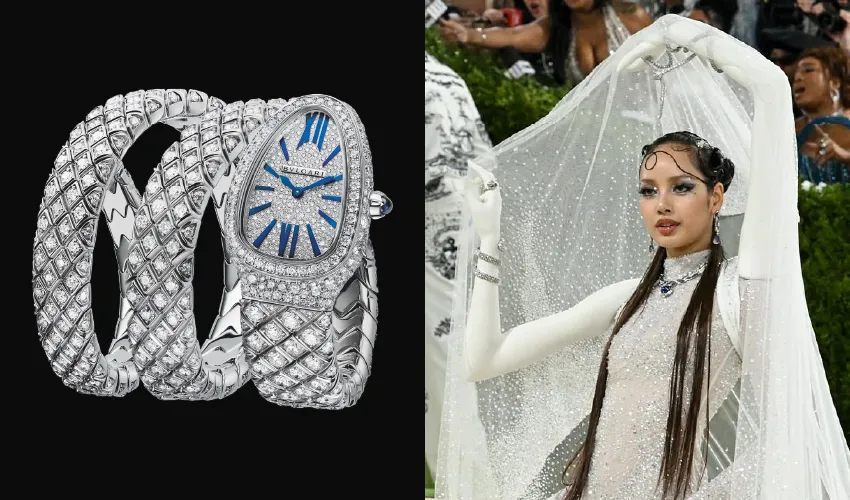 Blackpink's Lisa wearing a diamond Bulgari Serpenti Spiga watch at the Met Gala.