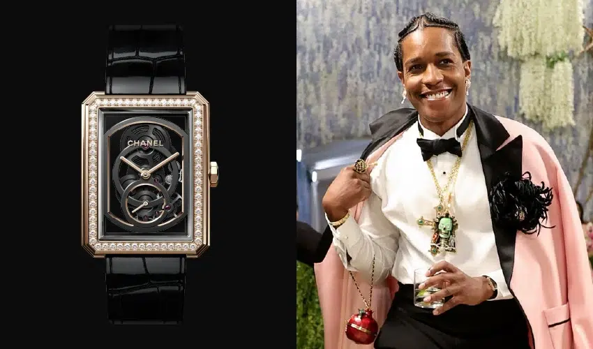  A$AP Rocky wearing a skeletonized Chanel BOY-FRIEND watch at the 2026 Met Gala.