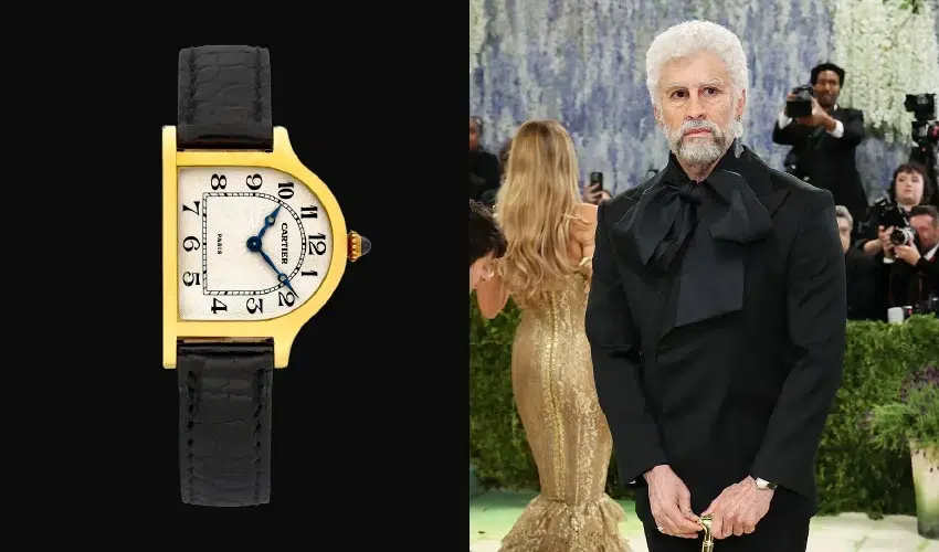 Bad Bunny wearing a vintage yellow gold Cartier Cloche watch as an old man.