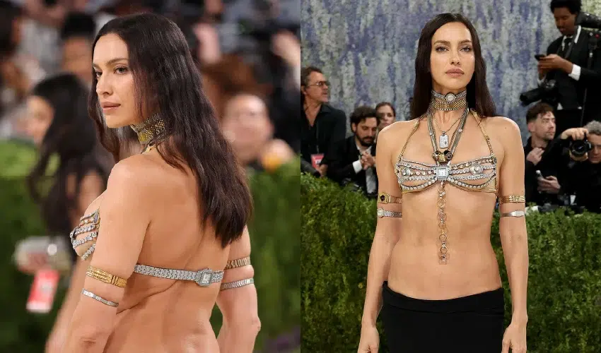  Irina Shayk wearing a custom watch chain bralette and choker by Alexander Wang.