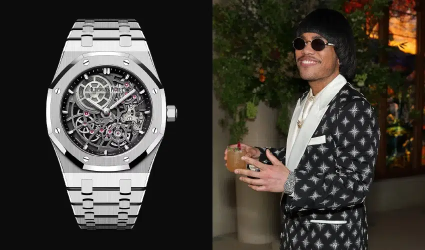 Anderson Paak wearing a white gold Audemars Piguet Royal Oak Openworked watch.