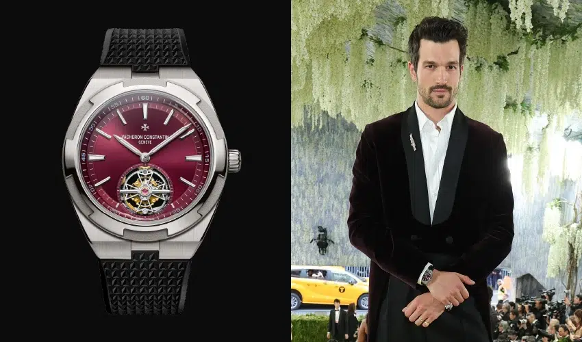 Paul Anthony Kelly matching his suit with a Vacheron Constantin Overseas Tourbillon watch.