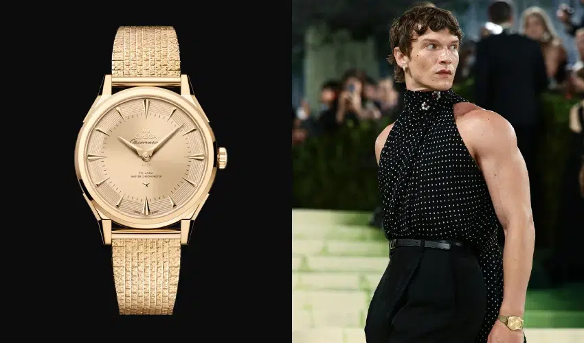Connor Storrie wearing an 18k Moonshine Gold Omega Constellation Observatory watch.
