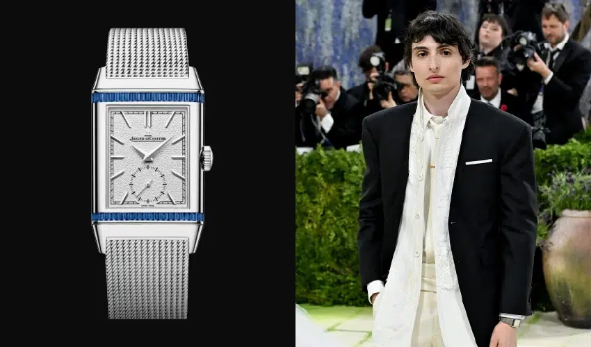 Finn Wolfhard wearing a white gold Jaeger-LeCoultre Reverso Tribute watch at the Met Gala.
