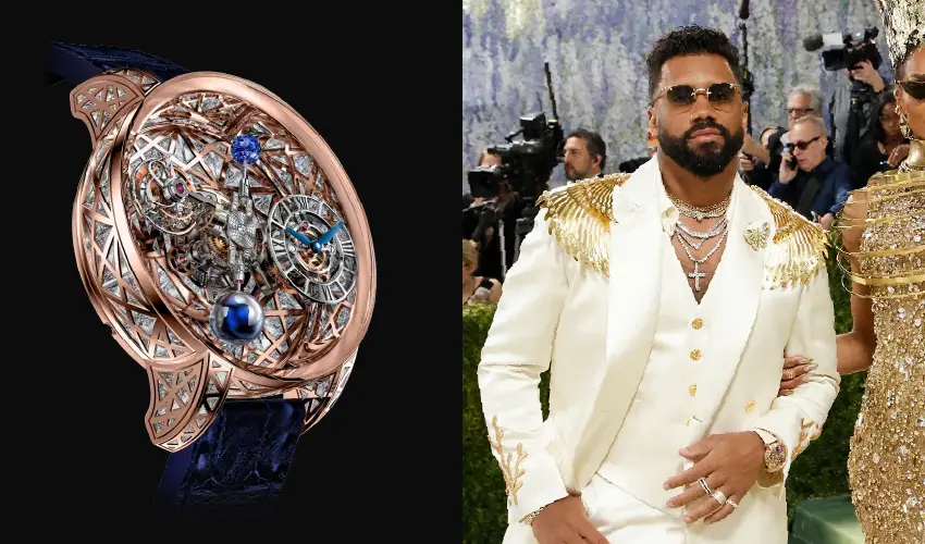 Russell Wilson wearing a $1.6M Jacob & Co Astronomia Tourbillon Baguette Meteorite watch.