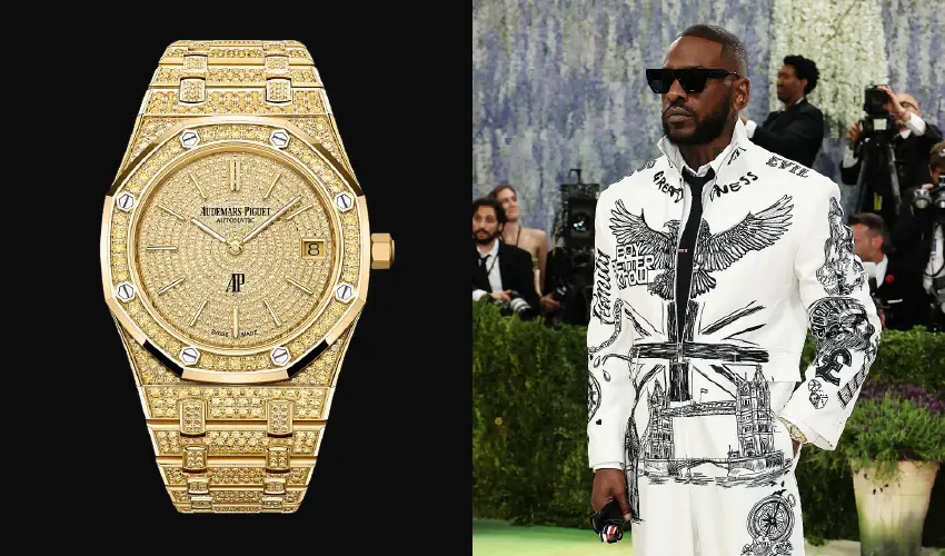 Rapper Skepta wearing a yellow sapphire Audemars Piguet Royal Oak Jumbo watch.