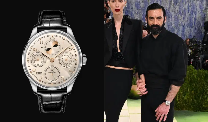 Morgan Spector wearing an elegant IWC Portugieser Perpetual Calendar 44 watch.