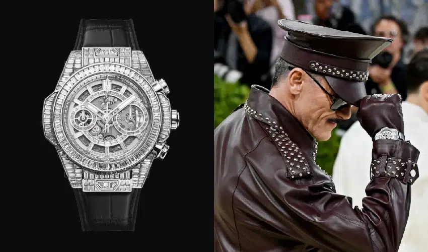 Luke Evans wearing a diamond Hublot Big Bang Unico High Jewelry watch. 