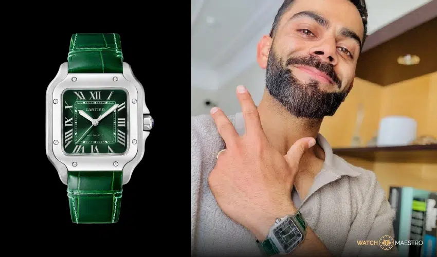 Kohli showcasing his unique Santos de Cartier Green Dial 