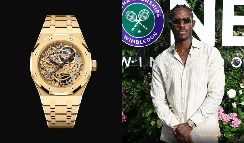 Damson Idris photographed wearing monochromatic 18k yellow-gold skeletonized watch