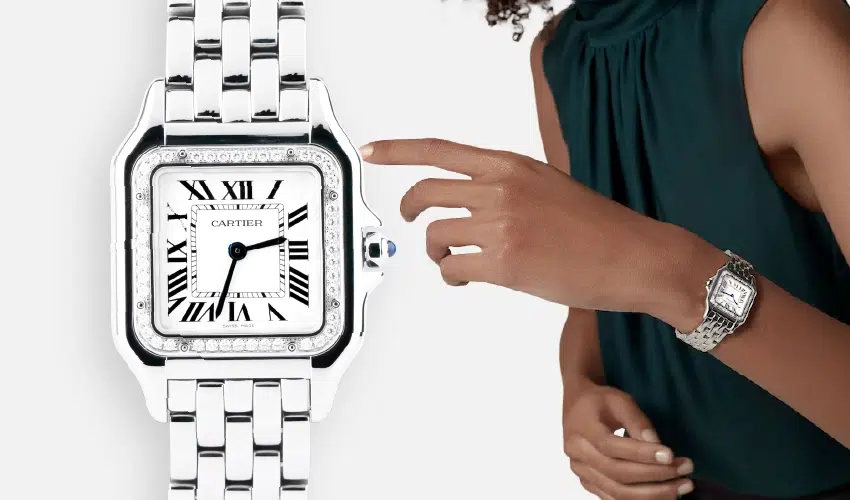 Panthère de Cartier Medium من الفولاذ مع إطار مرصع بالألماس (W4PN0008)