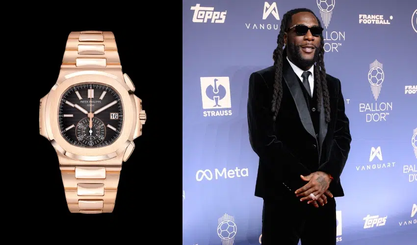 A rose gold Patek Philippe Nautilus 5980/1R-001 watch shown next to Burna Boy posing in a black suit at the Ballon d'Or.