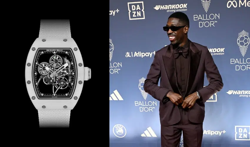 A white Richard Mille tonneau-shaped watch with a skeletonized dial shown next to Ousmane Dembele wearing a dark burgundy suit and sunglasses.