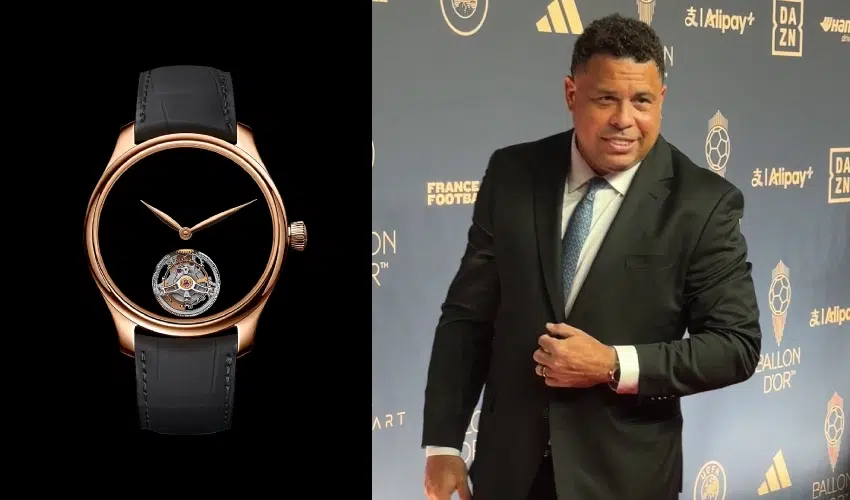 An H. Moser & Cie. Tourbillon watch with a pitch-black Vantablack dial shown next to Ronaldo Nazario in a black suit.